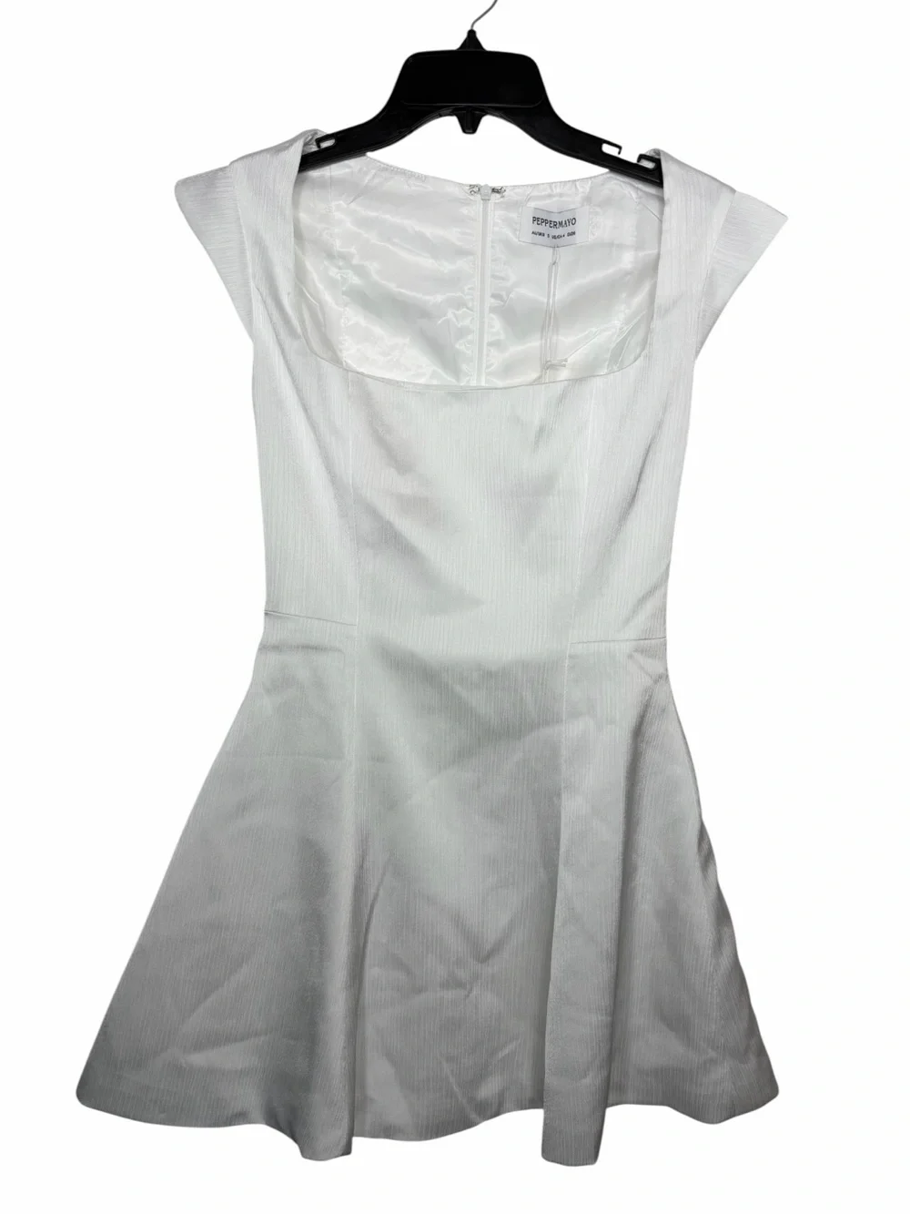 Peppermayo NWT Women’s Maryjane Mini Dress In White Textured Satin. Size 4. - Picture 5 of 14
